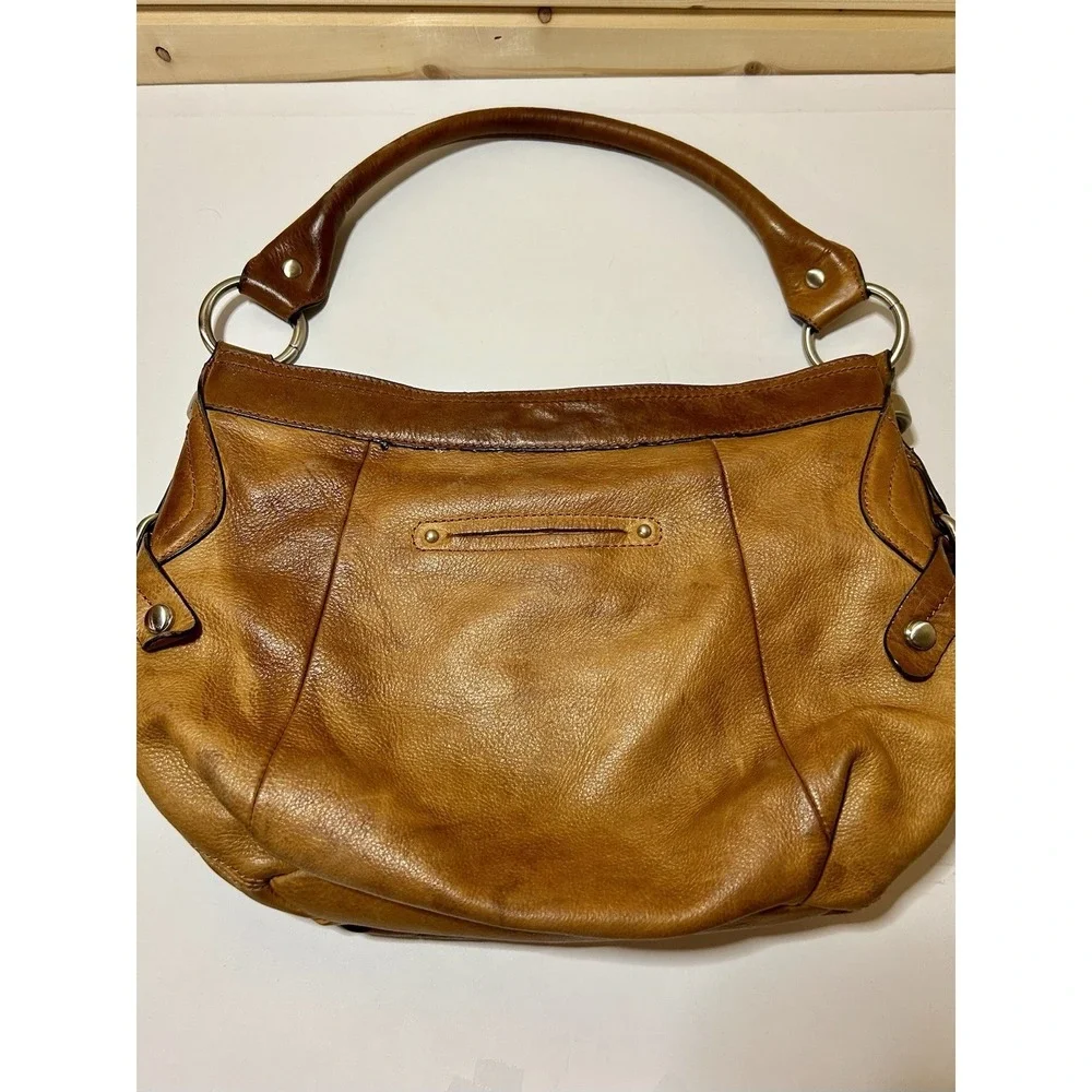 B. Makowsky Brown/Tan Leather Hobo Drawstring Shoulder Bag EUC